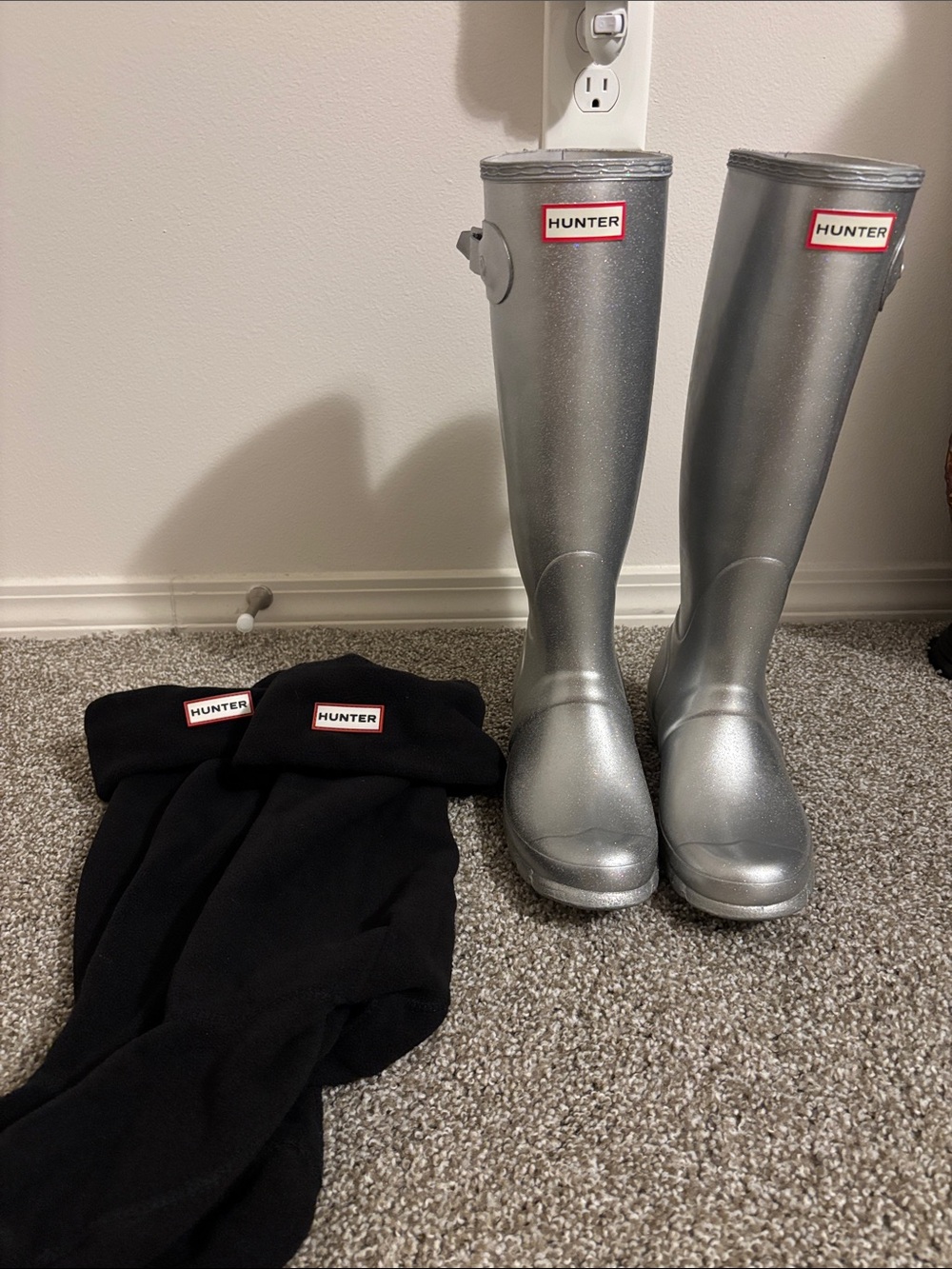 Hunter Silver Tall Kids Rain Boots with Black Boot Socks